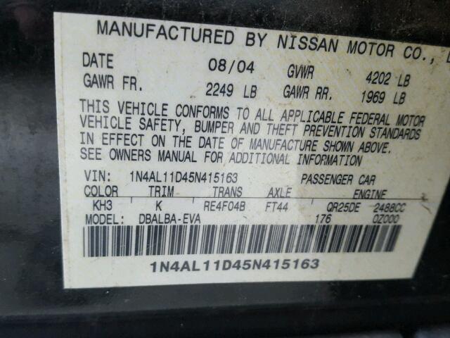 1N4AL11D45N415163 - 2005 NISSAN ALTIMA S BLACK photo 10