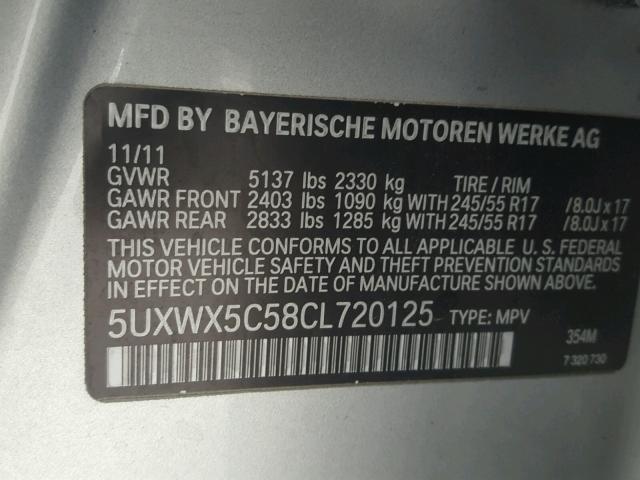 5UXWX5C58CL720125 - 2012 BMW X3 XDRIVE2 SILVER photo 10