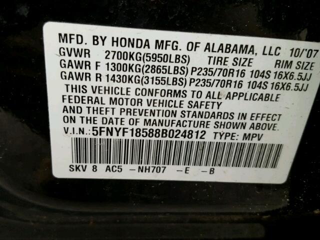 5FNYF18588B024812 - 2008 HONDA PILOT EXL BLACK photo 10