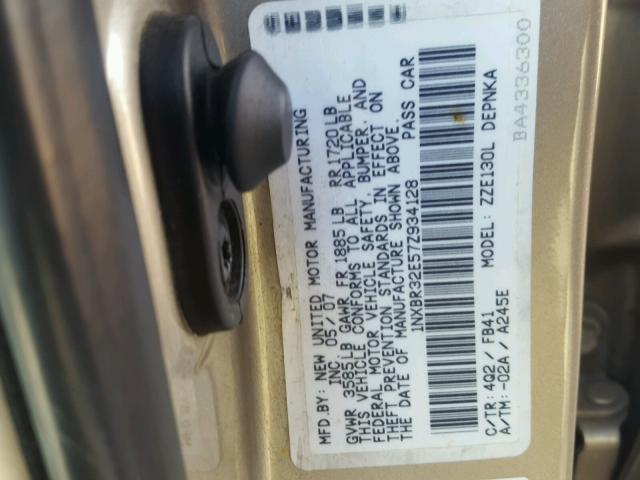 1NXBR32E57Z934128 - 2007 TOYOTA COROLLA CE GOLD photo 10