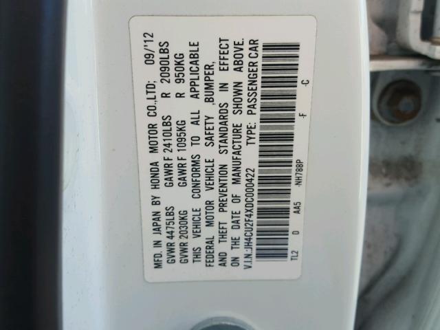 JH4CU2F4XDC000422 - 2013 ACURA TSX WHITE photo 10