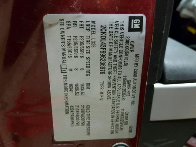 2CKDL43F896236876 - 2009 PONTIAC TORRENT BURGUNDY photo 10