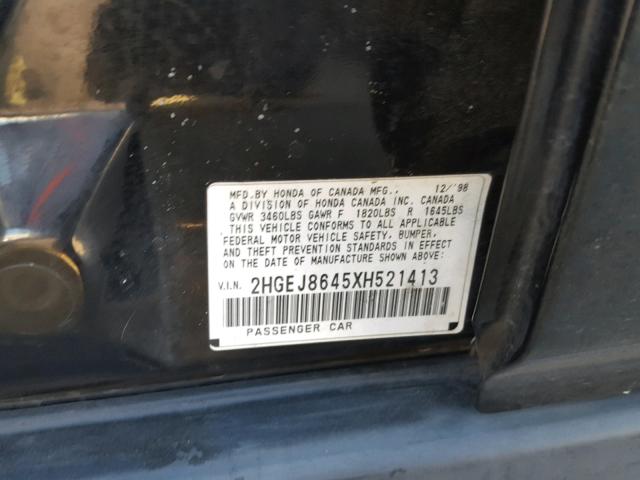 2HGEJ8645XH521413 - 1999 HONDA CIVIC EX შავი ფოტო 10