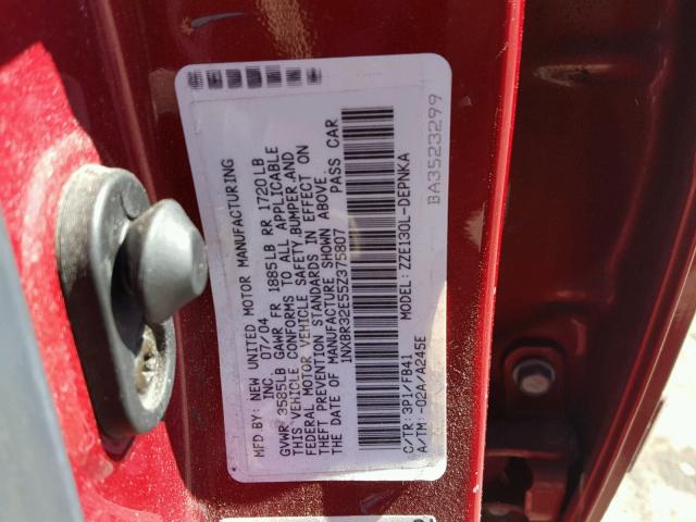 1NXBR32E55Z375807 - 2005 TOYOTA COROLLA CE RED photo 10