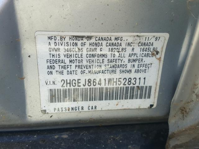 2HGEJ8641WH528311 - 1998 HONDA CIVIC EX კრემისფერი ფოტო 10