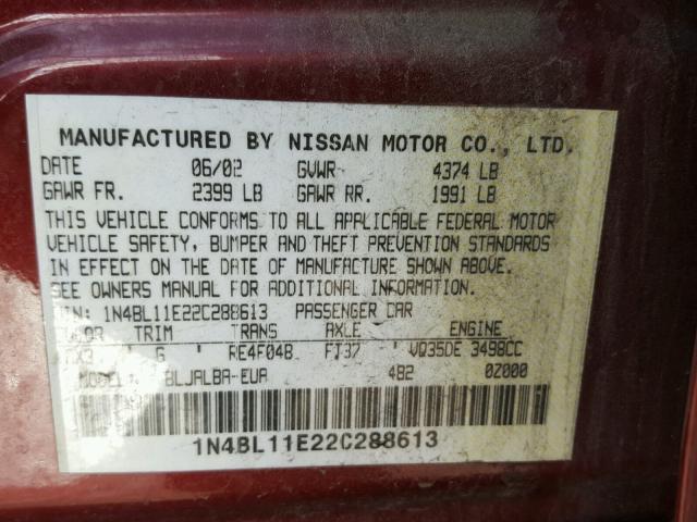 1N4BL11E22C288613 - 2002 NISSAN ALTIMA SE MAROON photo 10