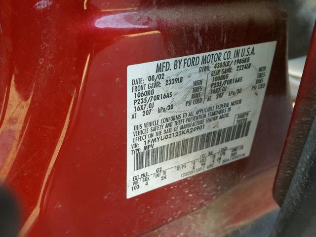 1FMYU03123KA24901 - 2003 FORD ESCAPE XLT RED photo 10