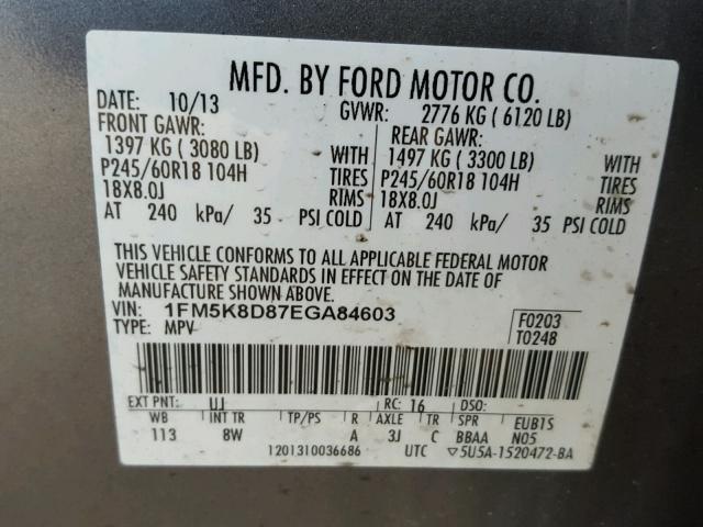 1FM5K8D87EGA84603 - 2014 FORD EXPLORER X CHARCOAL photo 10