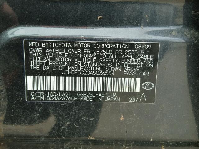 JTHCF5C20A5036554 - 2010 LEXUS IS 250 CHARCOAL photo 10