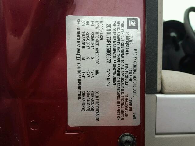 2CNDL73F176096672 - 2007 CHEVROLET EQUINOX LT MAROON photo 10