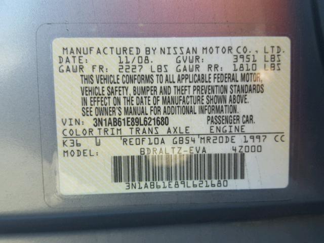 3N1AB61E89L621680 - 2009 NISSAN SENTRA 2.0 GRAY photo 10