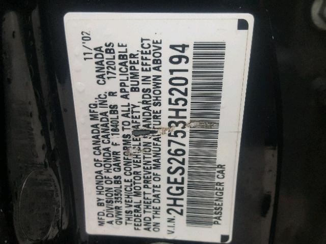 2HGES26753H520194 - 2003 HONDA CIVIC EX BLACK photo 10