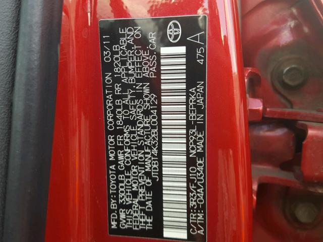 JTDBT4K32BL004129 - 2011 TOYOTA YARIS RED photo 10