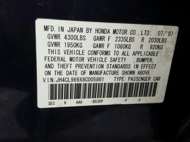 JH4CL969X8C005861 - 2008 ACURA TSX BLUE photo 10