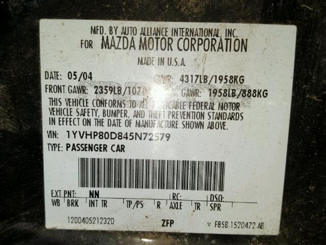 1YVHP80D845N72579 - 2004 MAZDA 6 S BLACK photo 10