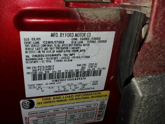 1FMZK02105GA49376 - 2005 FORD FREESTYLE RED photo 10
