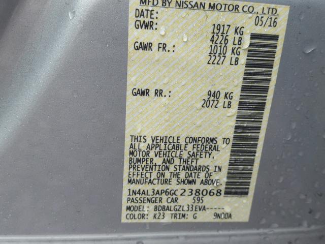 1N4AL3AP6GC238068 - 2016 NISSAN ALTIMA 2.5 SILVER photo 10