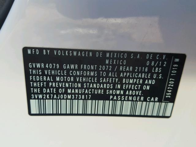 3VW2K7AJ0DM373817 - 2013 VOLKSWAGEN JETTA BASE 白色 照片 10