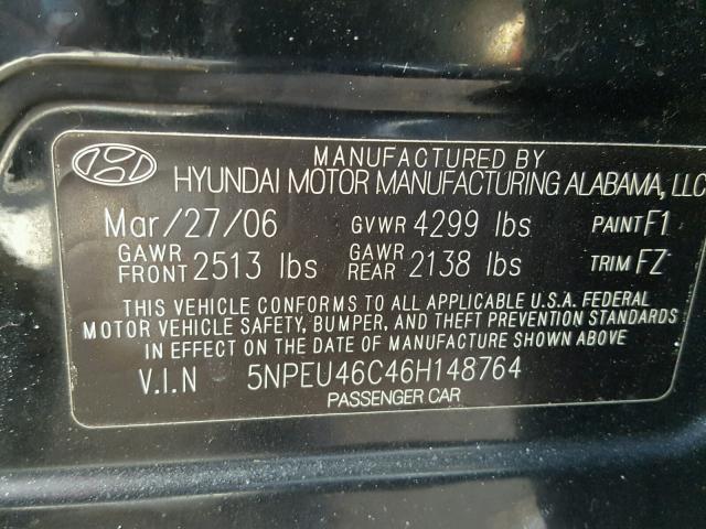 5NPEU46C46H148764 - 2006 HYUNDAI SONATA GLS BLACK photo 10