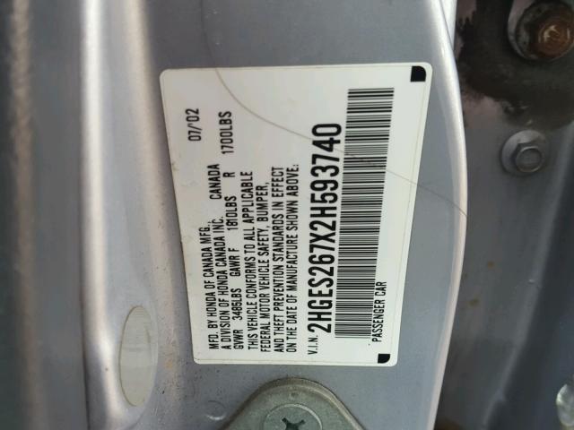 2HGES267X2H593740 - 2002 HONDA CIVIC EX ვერცხლისფერი ფოტო 10