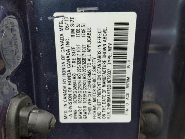 2HKRM4H78DH678007 - 2013 HONDA CR-V EXL BLUE photo 10