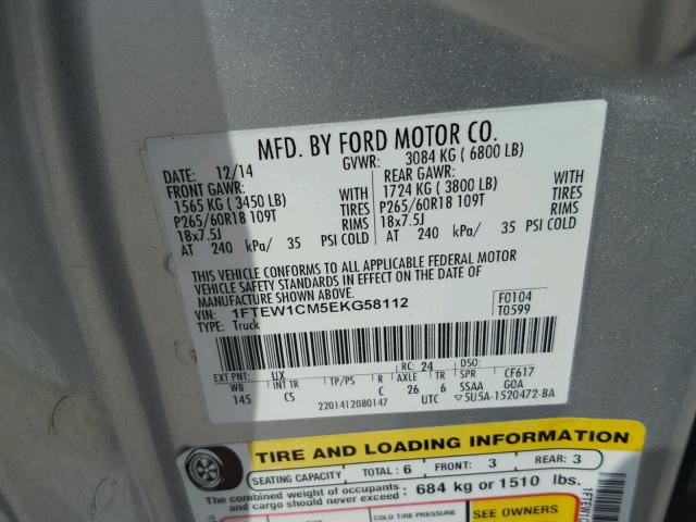 1FTEW1CM5EKG58112 - 2014 FORD F150 SUPER SILVER photo 10