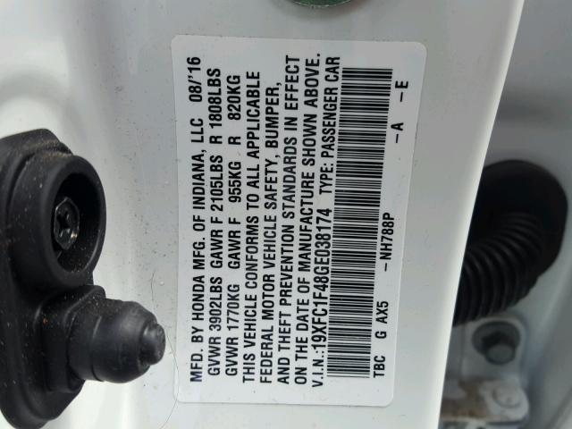 19XFC1F48GE038174 - 2016 HONDA CIVIC EX WHITE photo 10