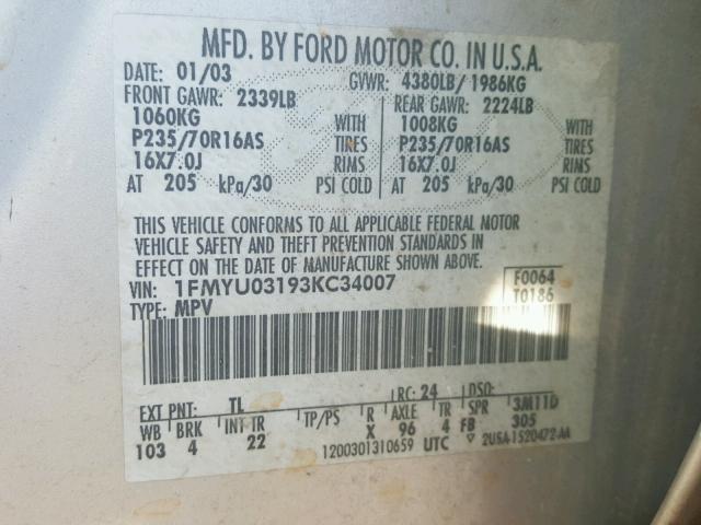 1FMYU03193KC34007 - 2003 FORD ESCAPE XLT GRAY photo 10