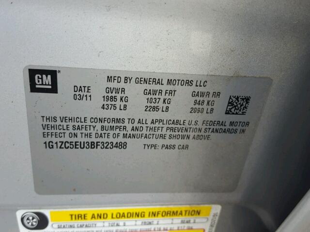 1G1ZC5EU3BF323488 - 2011 CHEVROLET MALIBU 1LT 银色 照片 10