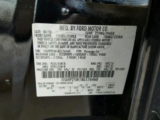 1FAHP25W18G176460 - 2008 FORD TAURUS LIM BLACK photo 10