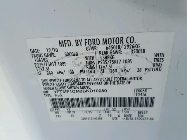 1FTMF1CM0BKD10080 - 2011 FORD F150 WHITE photo 10