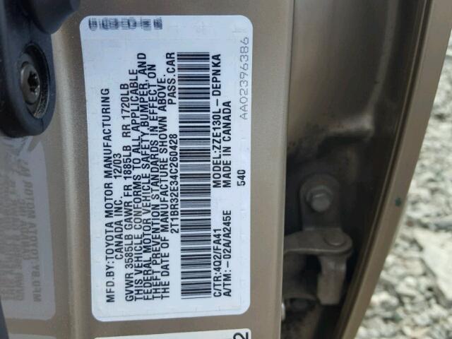 2T1BR32E34C260428 - 2004 TOYOTA COROLLA CE BEIGE photo 10