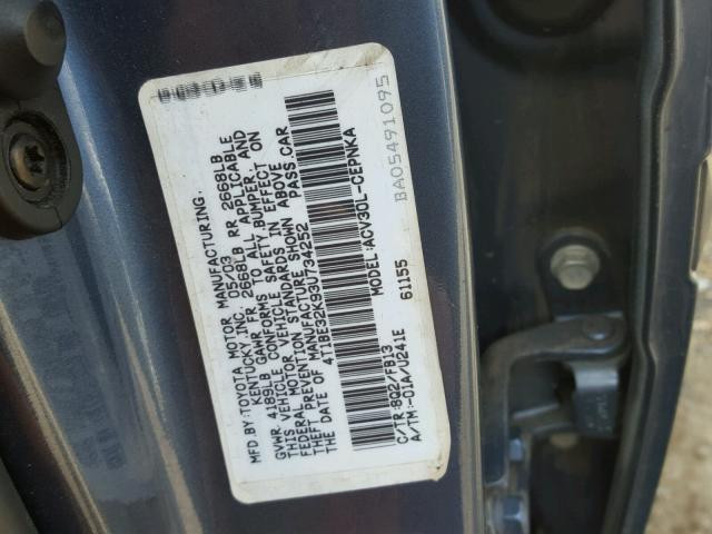 4T1BE32K93U734252 - 2003 TOYOTA CAMRY LE BLUE photo 10