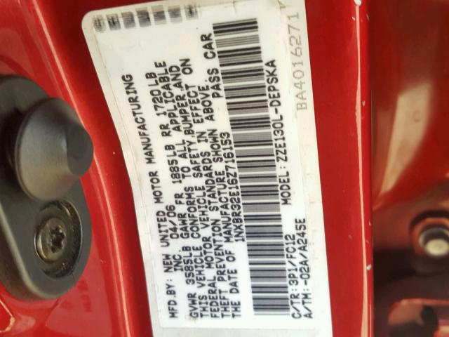 1NXBR32E16Z716153 - 2006 TOYOTA COROLLA CE RED photo 10