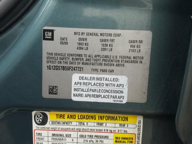 1G1ZG57B59F247721 - 2009 CHEVROLET MALIBU LS ლურჯი ფოტო 10