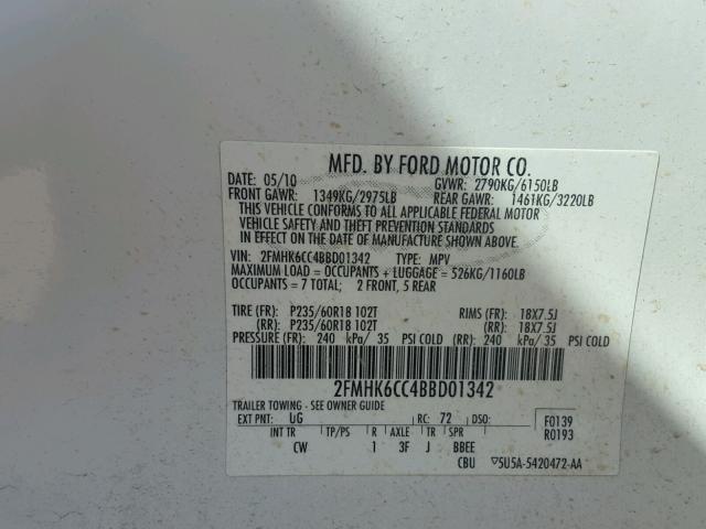 2FMHK6CC4BBD01342 - 2011 FORD FLEX SEL თეთრი ფოტო 10
