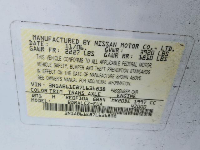 3N1AB61E87L636838 - 2007 NISSAN SENTRA 2.0 WHITE photo 10