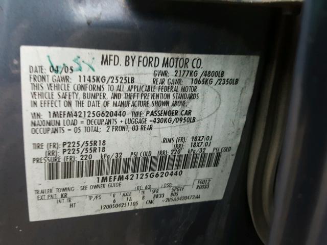 1MEFM42125G620440 - 2005 MERCURY MONTEGO PR 蓝色 照片 10