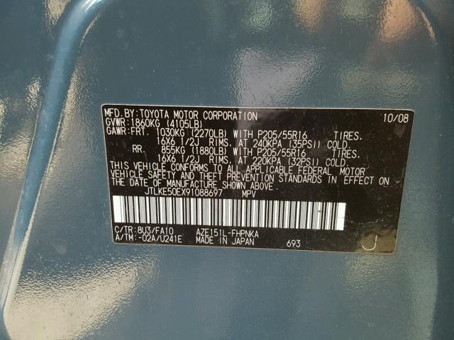 JTLKE50EX91088697 - 2009 TOYOTA SCION XB TEAL photo 10