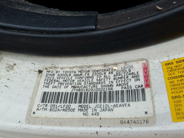 JTHBD182910022166 - 2001 LEXUS IS 300 WHITE photo 10