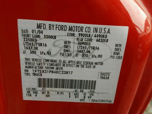 1FTSX31P84EC23817 - 2004 FORD F350 SRW S RED photo 10
