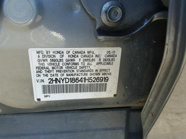 2HNYD18641H526919 - 2001 ACURA MDX TOURIN GRAY photo 10