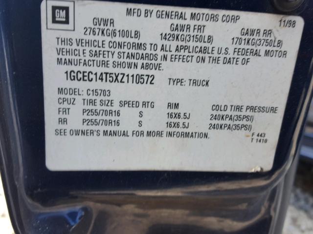 1GCEC14T5XZ110572 - 1999 CHEVROLET SILVERADO BLUE photo 10