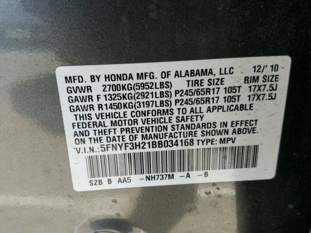 5FNYF3H21BB034168 - 2011 HONDA PILOT LX CHARCOAL photo 10