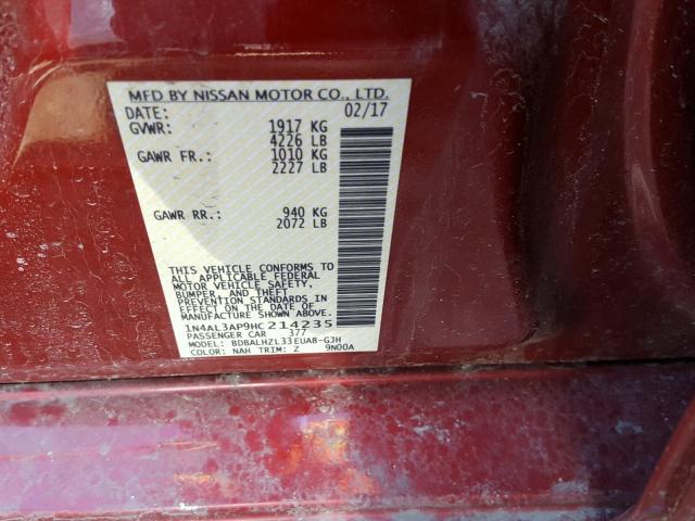 1N4AL3AP9HC214235 - 2017 NISSAN ALTIMA 2.5 BURGUNDY photo 10