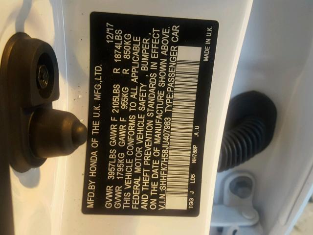 SHHFK7H58JU407983 - 2018 HONDA CIVIC EX Ağ foto 10