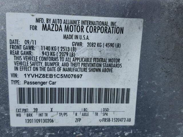 1YVHZ8EB1C5M07697 - 2012 MAZDA 6 S SILVER photo 10