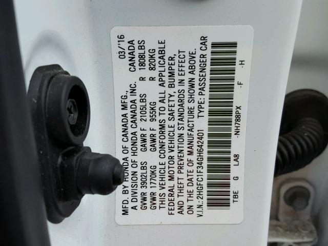 2HGFC1F34GH642401 - 2016 HONDA CIVIC EX WHITE photo 10