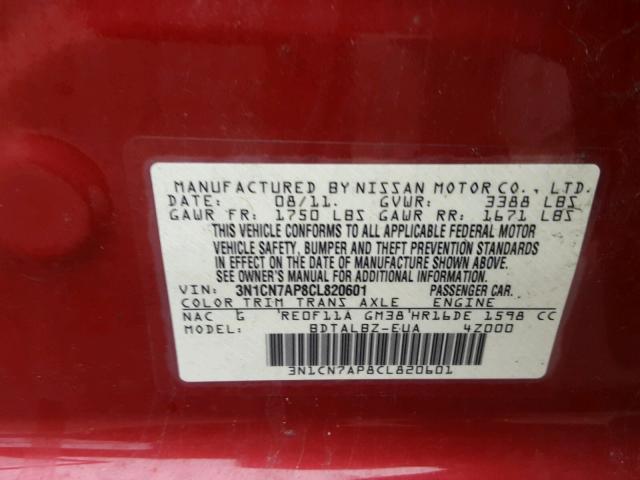 3N1CN7AP8CL820601 - 2012 NISSAN VERSA S RED photo 10