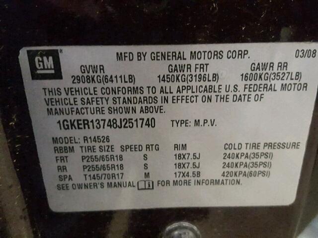 1GKER13748J251740 - 2008 GMC ACADIA SLE BURGUNDY photo 10